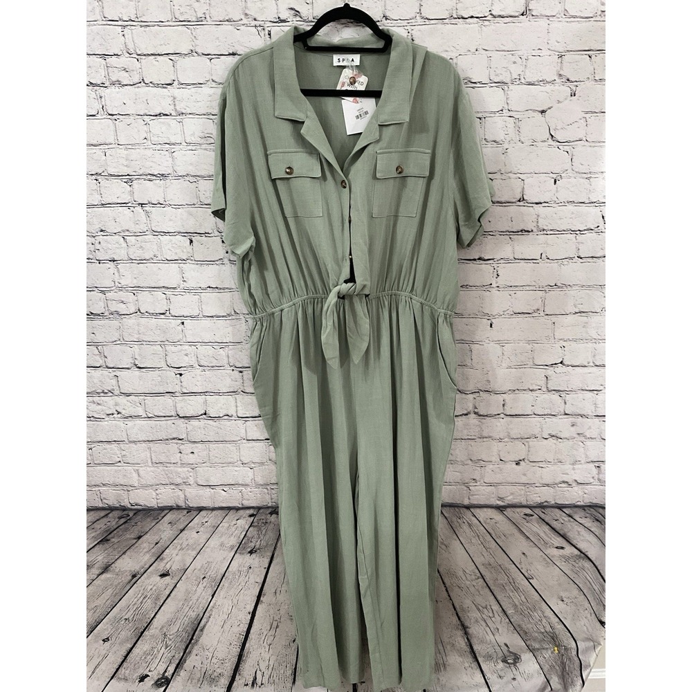 SPLA Women's Green Pants‎ OS Romper Pockets Adj Straps Wide Legs